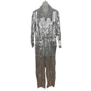 Vintage Metallic Silver Lurex Foil Shiny Disco Space Costume Jumpsuit Overalls